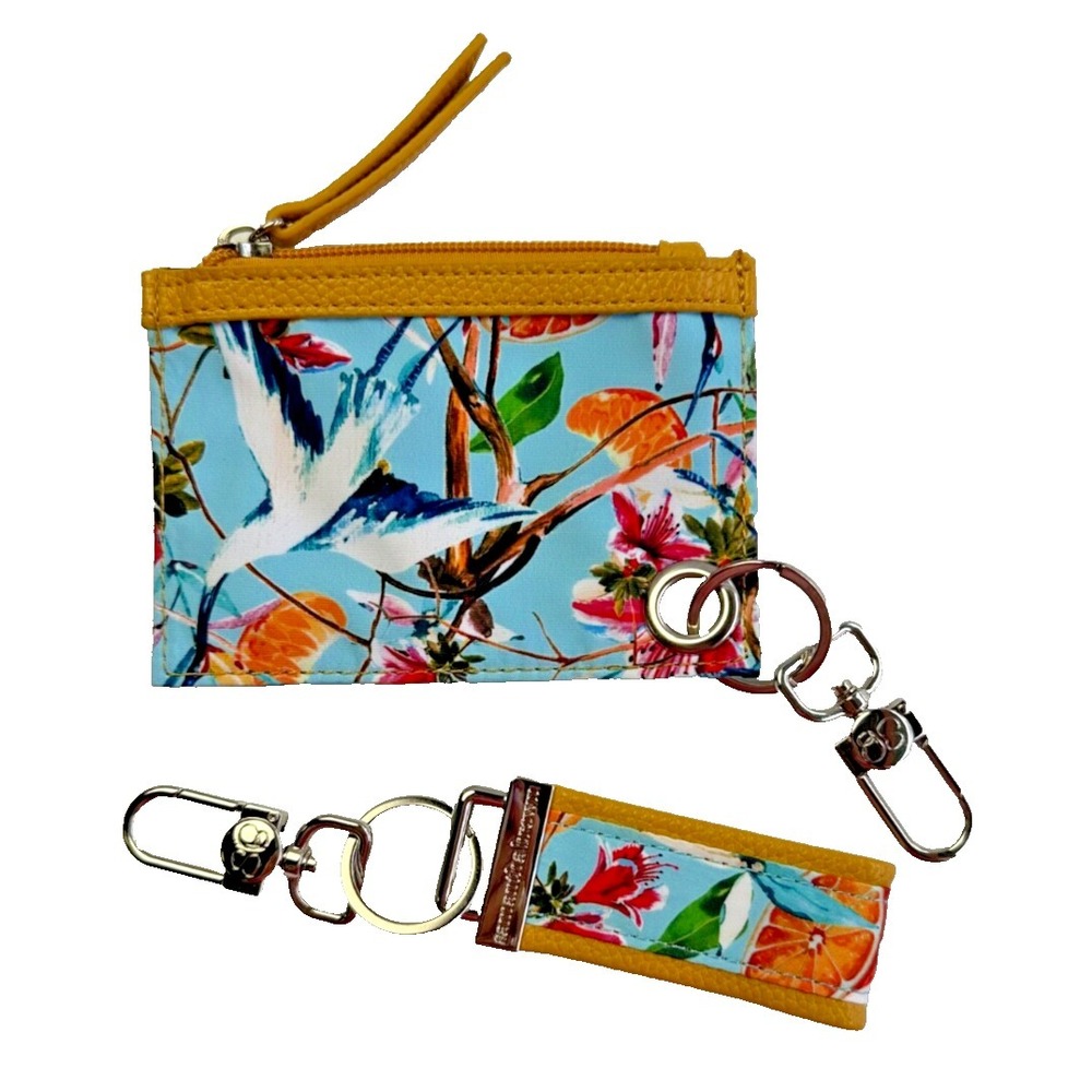 Samantha Brown To-Go ID Wallet Key Fob 2pc Tropical Birds Zip Top Set Camo Purse